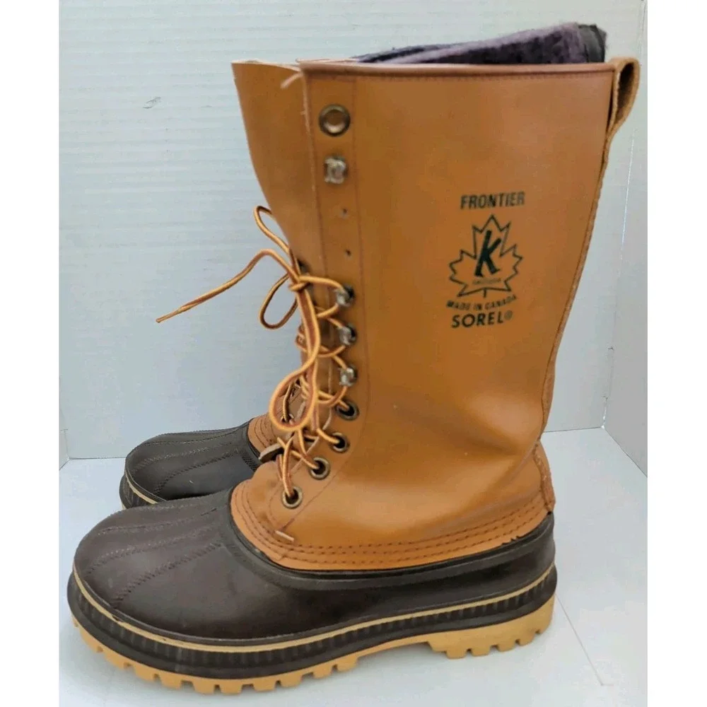 Sorel Frontier Boots Brown Rubber Leather Made in Canada Wool Insulated Tall Sz8